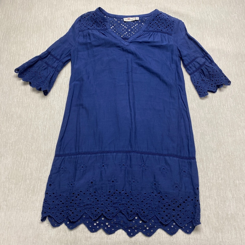 Vineyard Vines Garment Dyed Eyelet Shift Dress Women 6 Blue Cotton V-Neck Picnic
